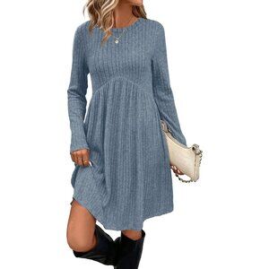 Ofeefan Women Light Blue Crew Neck Long Sleeve Empire Waist Dress with Pockets